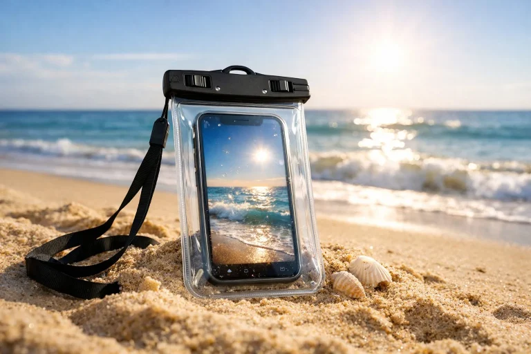 Móvil protegido con funda impermeable en la playa con arena y sol de fondo