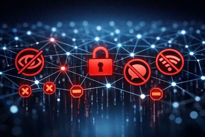 Representación gráfica de una red de censura en internet con nodos y conexiones digitales