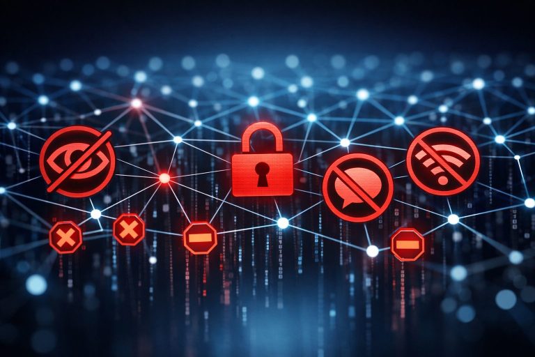 Representación gráfica de una red de censura en internet con nodos y conexiones digitales