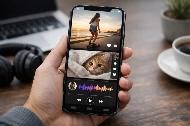 Interfaz móvil mostrando vídeos cortos y audio en una aplicación de Reddit con formato similar a TikTok