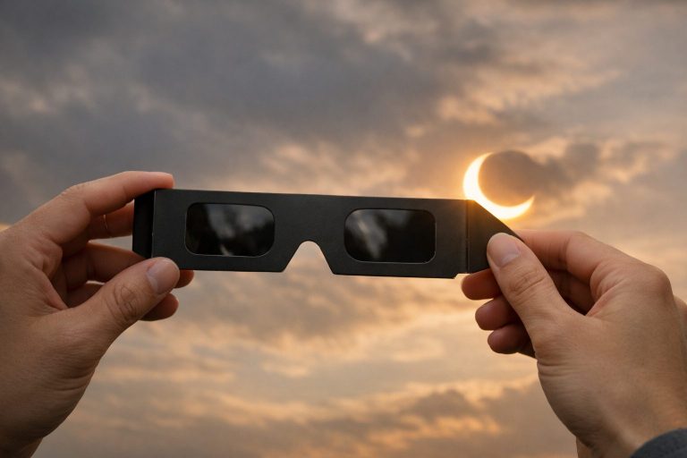 Gafas homologadas para eclipse solar con fondo de cielo durante eclipse