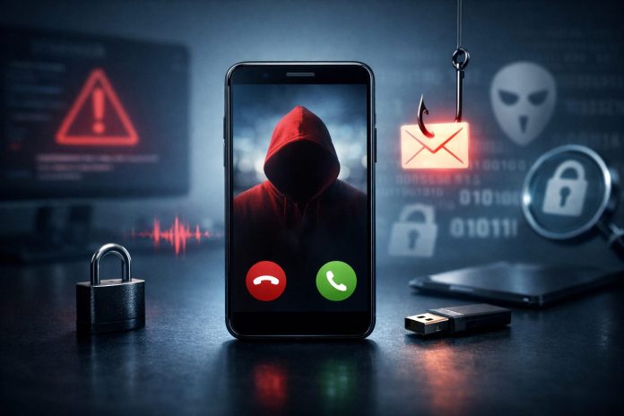 Teléfono móvil con llamada fraudulenta y símbolos de ciberseguridad