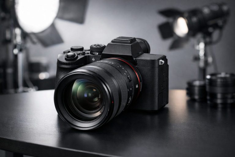 Sony A7R VI cámara profesional con lente y cuerpo en estudio