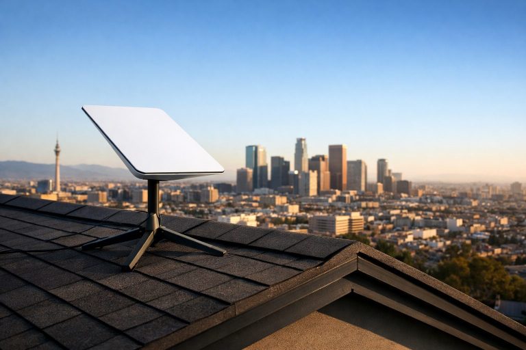 Antena Starlink en un tejado con vista urbana, simbolizando la red móvil de SpaceX
