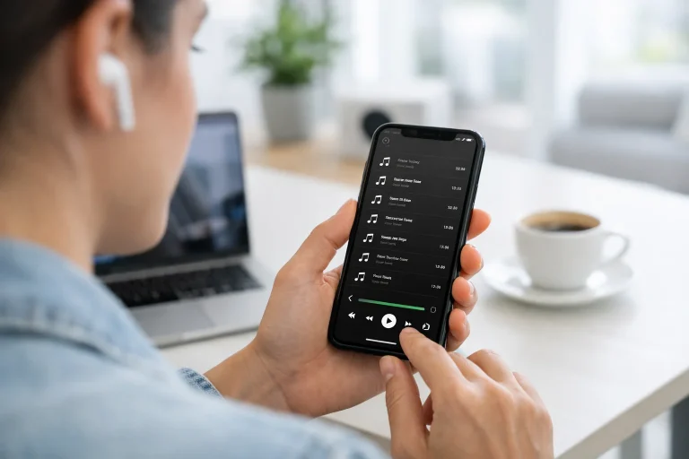 Persona usando Spotify en un smartphone mostrando una lista de reproducción con Playlist Notes