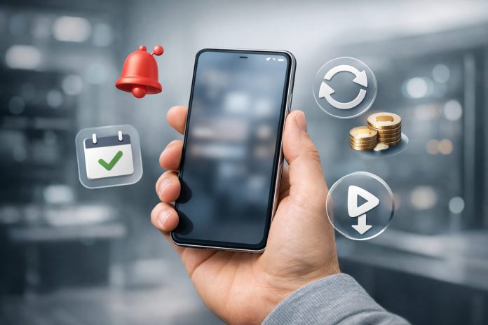 Persona con smartphone y símbolos de suscripción y renovación