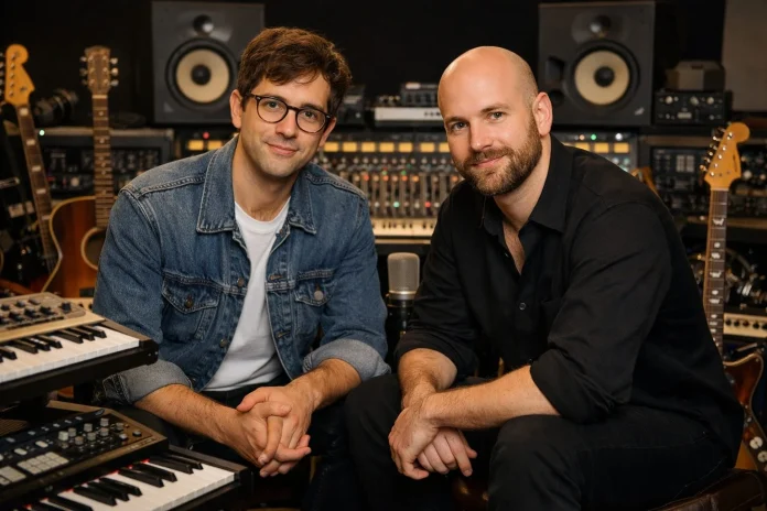 Nate Sloan y Charlie Harding en un estudio de grabación con instrumentos y equipo de audio