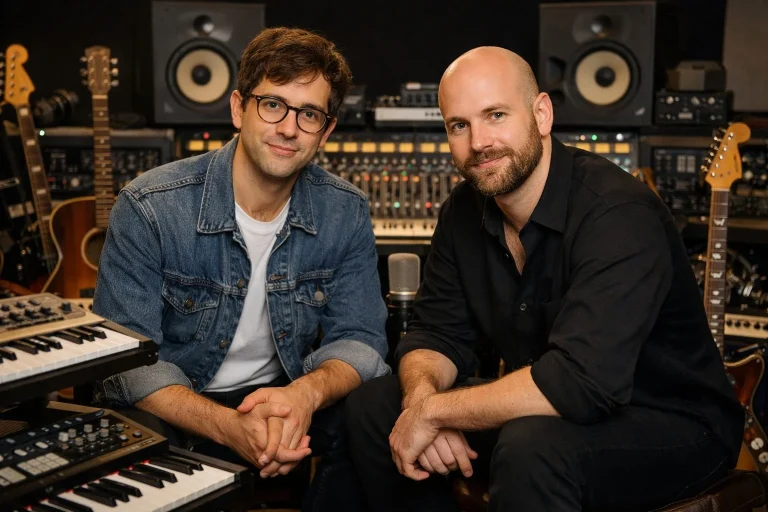 Nate Sloan y Charlie Harding en un estudio de grabación con instrumentos y equipo de audio