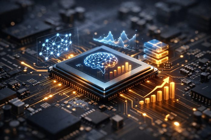 Chip de ordenador con gráficos que representan TOPS y inteligencia artificial
