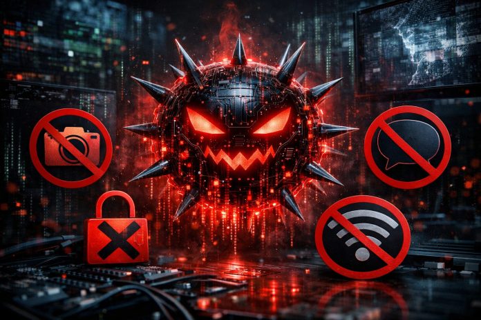 Ilustración del virus IA y censura en internet