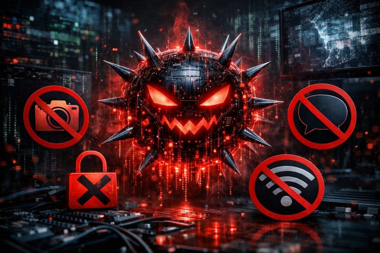 Ilustración del virus IA y censura en internet