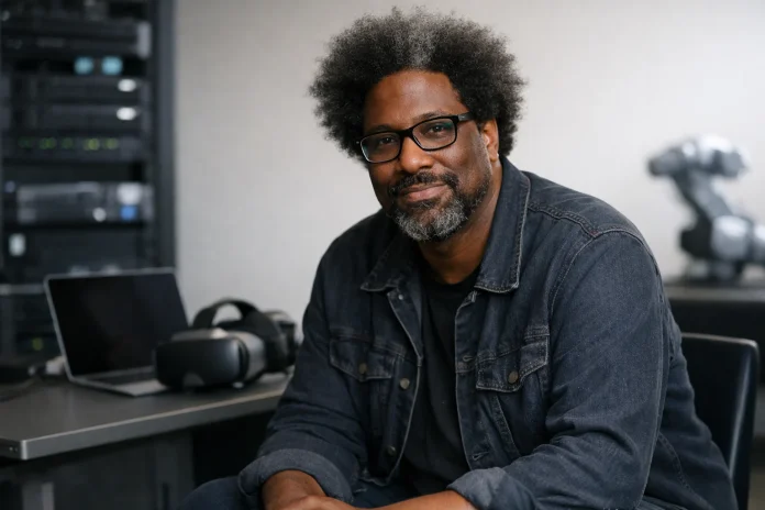Retrato de W. Kamau Bell en un entorno tecnológico