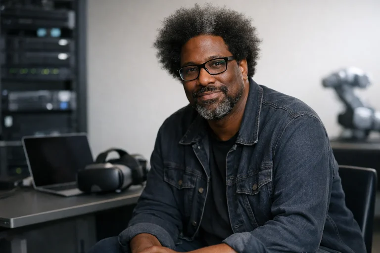 Retrato de W. Kamau Bell en un entorno tecnológico