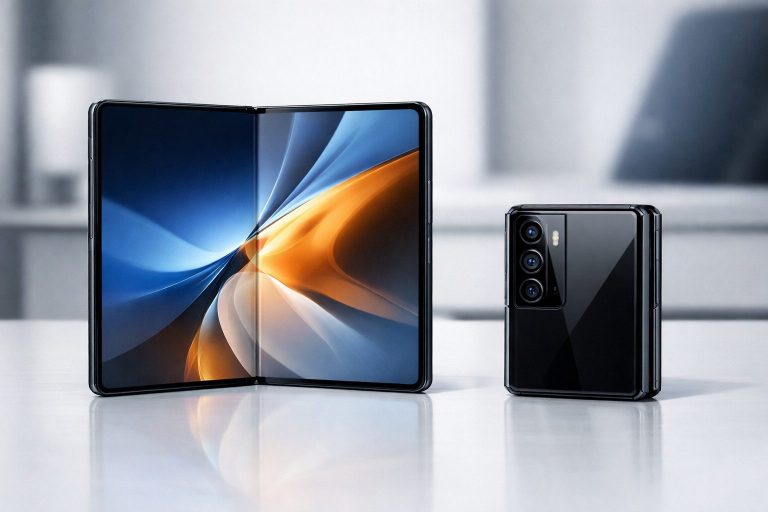 Xiaomi smartphone plegable tipo pasaporte abierto mostrando pantalla amplia