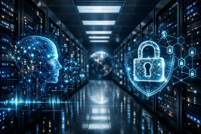 Centro de datos con representación gráfica de inteligencia artificial y ciberseguridad