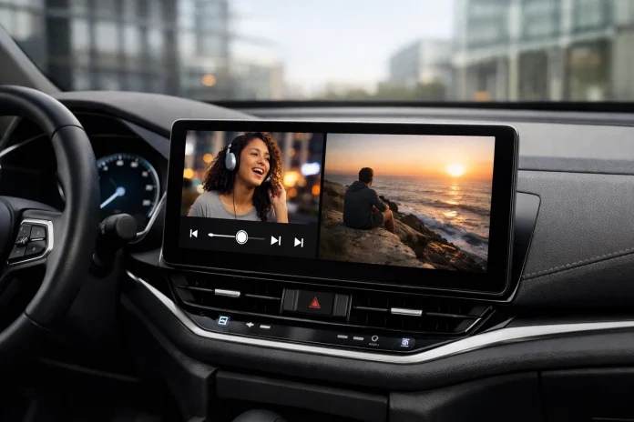 Pantalla de Android Auto en un coche mostrando una app de música y vídeo