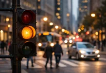 Cambio semáforo DGT octubre 2026: novedades para conductores y peatones Semáforo urbano mostrando luz ámbar con peatones y vehículos en la ciudad