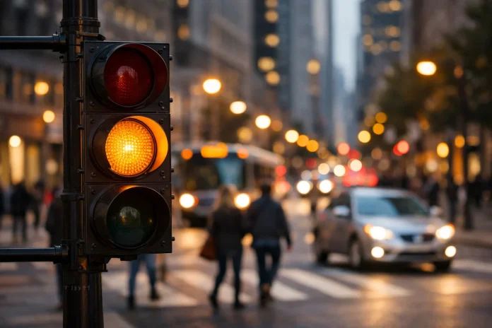 Semáforo urbano mostrando luz ámbar con peatones y vehículos en la ciudad