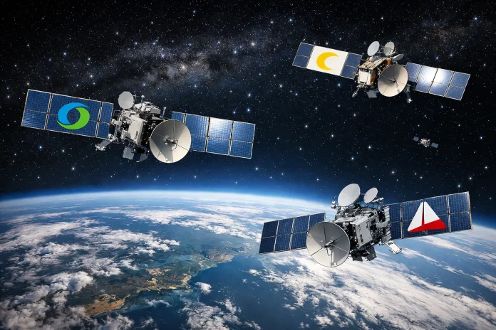 Satélites en órbita representando la competencia en internet satelital entre operadores europeos y Starlink.