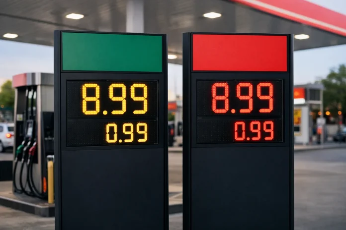 Surtidores de combustible en una gasolinera con precios diferenciados para diésel y gasolina