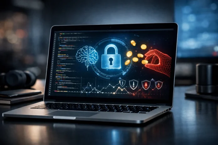 Ordenador portátil mostrando código y gráficos de seguridad digital relacionados con el robo de tokens en inteligencia artificial