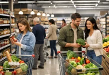 Lidl apuesta por un supermercado de 6000 metros para competir con Mercadona Supermercado grande moderno con clientes comprando en un espacio amplio y luminoso