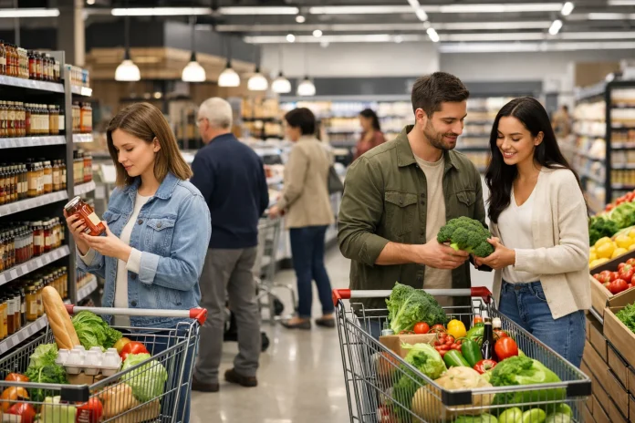 Supermercado grande moderno con clientes comprando en un espacio amplio y luminoso
