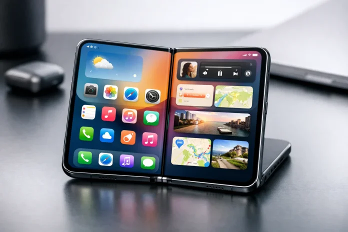 iPhone Duo abierto mostrando la pantalla doble con interfaz de iOS 27 adaptada a plegables