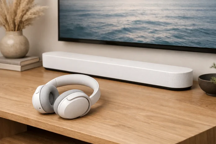 Auriculares Sonos Ace Ultra y barra de sonido Beam Ultra en un salón moderno