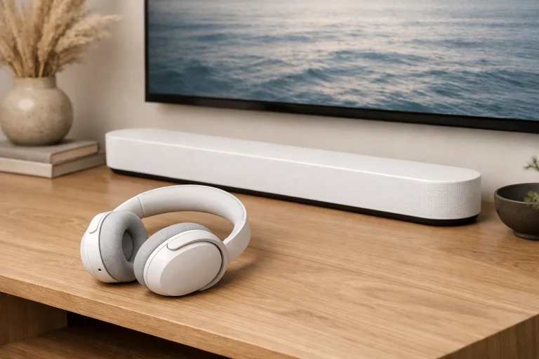 Auriculares Sonos Ace Ultra y barra de sonido Beam Ultra en un salón moderno
