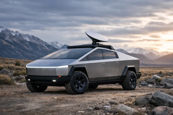 Tesla Cybertruck con antena satelital integrada Starlink V5 en un entorno exterior