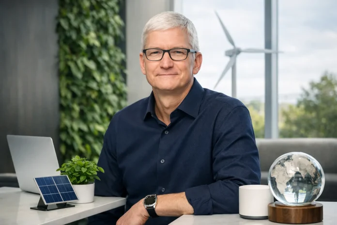 Tim Cook en un entorno corporativo con símbolos de tecnología y sostenibilidad