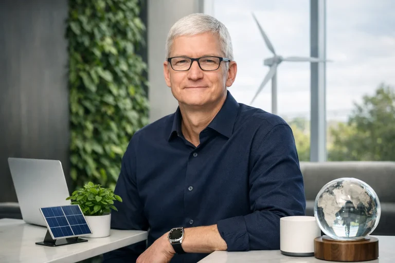 Tim Cook en un entorno corporativo con símbolos de tecnología y sostenibilidad