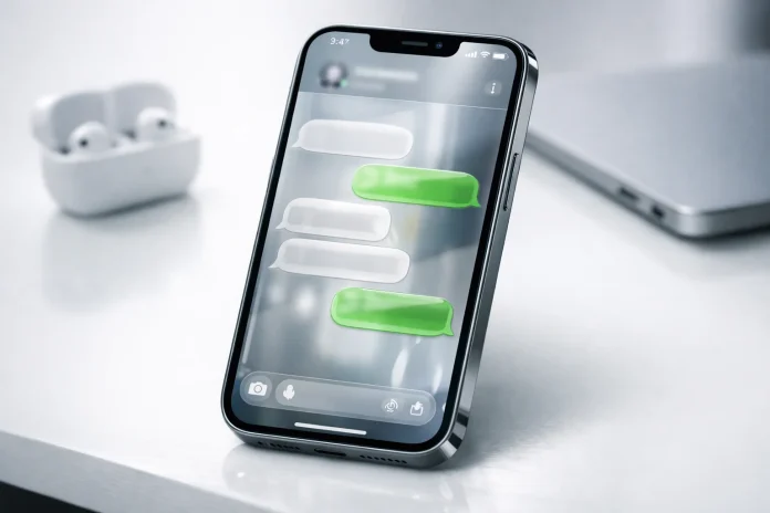 Interfaz de WhatsApp en iOS con diseño Liquid Glass mostrando barra de chat translúcida y burbujas de mensajes redondeadas